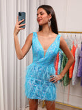 Sparkly Blue V-Neck Tight Short Homecoming Dress with Feathers