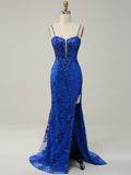 Sparkly Mermaid Royal Blue Long Prom Dresses with Slit