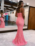 Pink Spaghetti Straps Sequins Mermaid Prom Dress