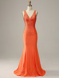 Orange Mermaid V-Neck Backless Beaded Long Prom Dress