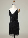 Sparkly Black Sequins Beaded Tight Homecoming Dress with Fringes
