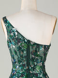 Bodycon One Shoulder Dark Green Sequins Short Homecoming Dress with Feather