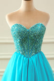 Blue A Line Beaded Corset Prom Dress with Detachable Sleeves