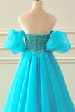 Blue A Line Beaded Corset Prom Dress with Detachable Sleeves