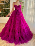 Strapless A Line Fuchsia Tiered Long Prom Dress