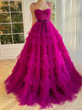 Strapless A Line Fuchsia Tiered Long Prom Dress
