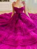 Strapless A Line Fuchsia Tiered Long Prom Dress