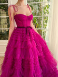Strapless A Line Fuchsia Tiered Long Prom Dress