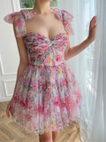Pink Lace Up Sweetheart Neckline Floral Short Homecoming Dress