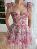 Pink Lace Up Sweetheart Neckline Floral Short Homecoming Dress