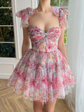 Pink Lace Up Sweetheart Neckline Floral Short Homecoming Dress