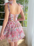Pink Lace Up Sweetheart Neckline Floral Short Homecoming Dress