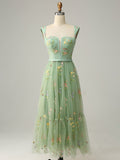 Green A line Embroidery Midi Prom Dress
