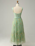 Green A line Embroidery Midi Prom Dress