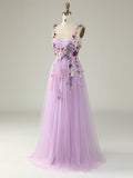 A Line Floral Champagne Long Prom Dress