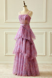 Purple Tulle Spaghetti Straps Corset Prom Dress