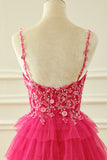 Fuchsia Princess A-Line Spaghetti Straps Sequin Tiered Long Prom Dress with Slit