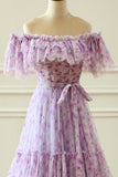 Lilac Floral Off the Shoulder Long Ruffled Prom Dress