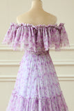 Lilac Floral Off the Shoulder Long Ruffled Prom Dress