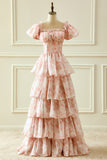 A Line Square Neck Pink Tiered Prom Dress with Ruffles