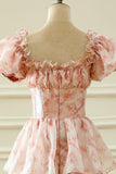 A Line Square Neck Pink Tiered Prom Dress with Ruffles