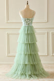 A Line Spaghetti Straps Green Long Prom Dress with Appliques Ruffles
