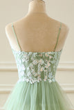 A Line Spaghetti Straps Green Long Prom Dress with Appliques Ruffles