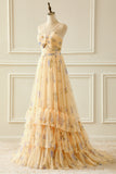 Yellow A-Line Halter Floral Print Pleated Tulle Tiered Long Prom Dress