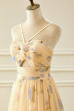 Yellow A-Line Halter Floral Print Pleated Tulle Tiered Long Prom Dress