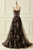 Elegant Sparkly Black Flower A Line Sequin Corset Wedding Dress With Slit