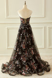 Elegant Sparkly Black Flower A Line Sequin Corset Wedding Dress With Slit