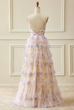 A-Line Lavender Flower Spaghetti Straps Tiered Long Prom Dress