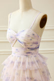 A-Line Lavender Flower Spaghetti Straps Tiered Long Prom Dress