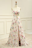 Ivory Floral A-Line Embroidery Spaghetti Straps Long Prom Dress