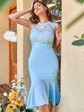 Light Blue Lace Mermaid Midi Graduation Party Dress