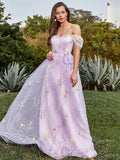 A Line Floral Short Sleeves Lilac Long Prom Dress