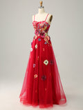 Red A-Line Long Prom Dress with 3D Flowers