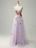 Lilac A-Line Backless Long Prom Dress with 3D Flowers