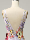 Lilac A-Line Backless Long Prom Dress with 3D Flowers