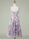 A-Line Lilac Corset Midi Prom Dress with 3D Flowers