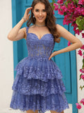 Dark Blue A-Line Sweetheart Neckline Tiered Short Homecoming Dress