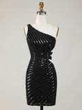 Sparkly Black One Shoulder Tight Sequined Homecoming Dress