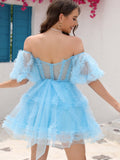 A-Line Blue V Neck Ruffles Homecoming Short Dress