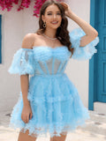 A-Line Blue V Neck Ruffles Homecoming Short Dress