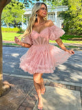 A-Line Blue V Neck Ruffles Short Homecoming Dress