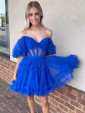 A-Line Blue V Neck Ruffles Short Homecoming Dress