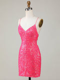 Pink Sequins Spaghetti Straps Short Homecoming Dress