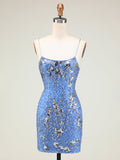 Sparkly Blue Spaghetti Straps Lace Up Sequined Tight Homecoming Dress