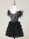 Sparkly Black Beaded Corset A-Line Short Homecoming Dress with Feathers