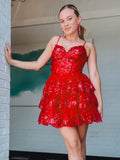 Purple A-Line V Neck Tiered Short Homecoming Dress